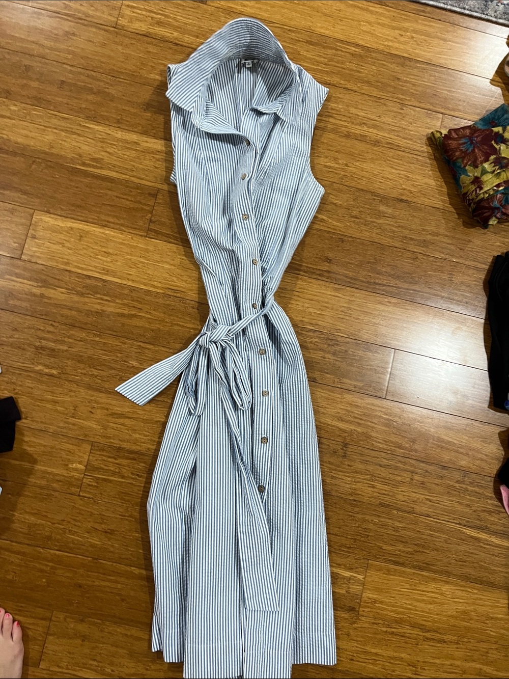 Anne Klein Blue and White Striped Sleeveless Shirt Midi Dress